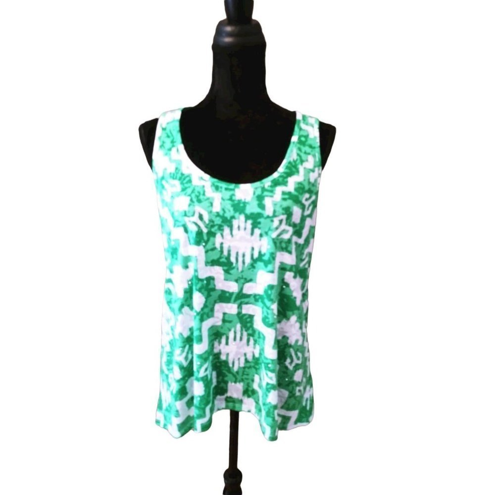 INC International Concepts Green White Sublimation & Stud Bling Tank Top SIZE Lg
